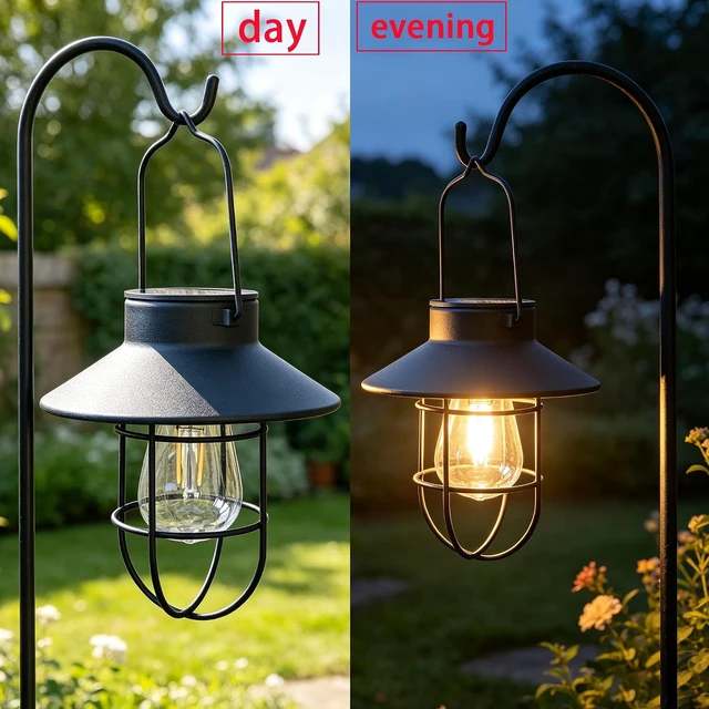 Alt view image 6 of 7 - 2 Pack Waterproof Solar Lanterns with Shepherd Hook Metal Edison Bulb Outdoor Lamp for Garden & Pathway Decor, Gift for Women/Mom (Black)