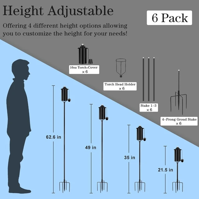 Alt view image 5 of 7 - 6 Pack 62 Inch Metal Citronella Garden Torches with 4-Prong Grounded Stake 16 Oz Outdoor Torches for Yard, Party, Patio & Pathway
