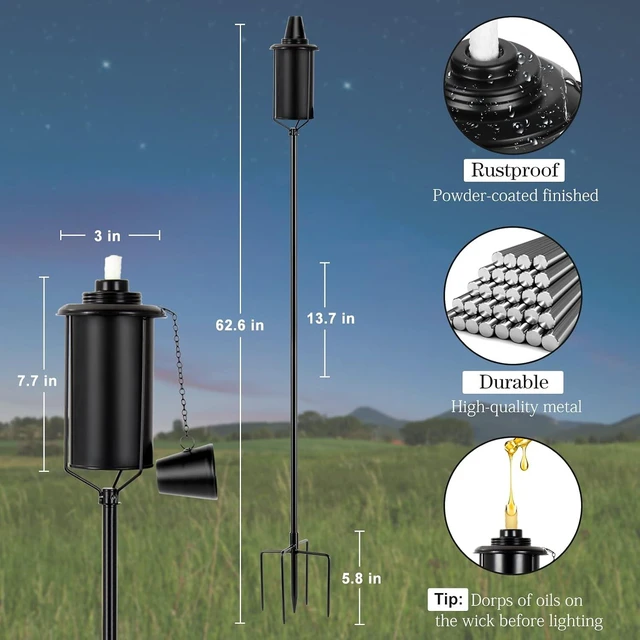 Alt view image 6 of 7 - 6 Pack 62 Inch Metal Citronella Garden Torches with 4-Prong Grounded Stake 16 Oz Outdoor Torches for Yard, Party, Patio & Pathway