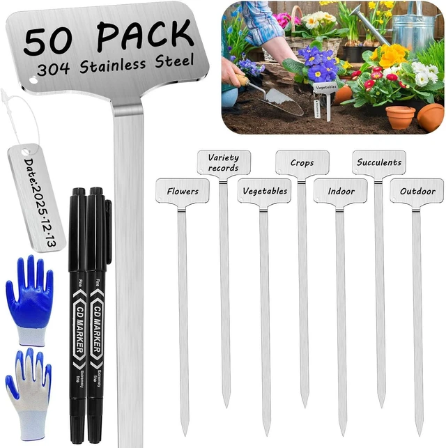 Main image of 50 Pcs 12.75" Stainless Steel Plant Markers with 50 Tag Buckles & 2 Marker Pens Waterproof Garden Labels for Indoor & Outdoor Plants