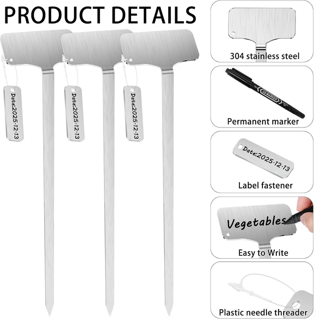Alt view image 5 of 7 - 50 Pcs 12.75" Stainless Steel Plant Markers with 50 Tag Buckles & 2 Marker Pens Waterproof Garden Labels for Indoor & Outdoor Plants