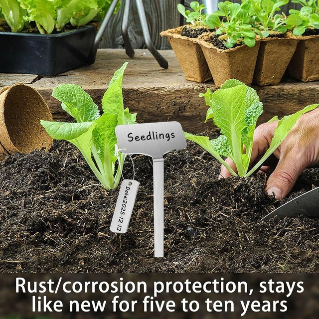 Alt view image 6 of 7 - 50 Pcs 12.75" Stainless Steel Plant Markers with 50 Tag Buckles & 2 Marker Pens Waterproof Garden Labels for Indoor & Outdoor Plants