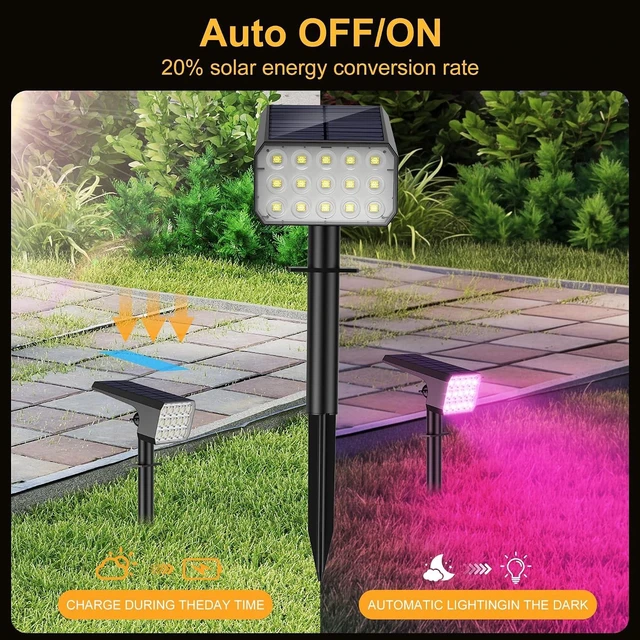 Alt view image 2 of 7 - 6 Pack Multicolor Solar Spot Lights 15 LED RGB Landscape Spotlights with 4 Modes, Auto On/Off & IP67 Waterproof for Garden & Walkway