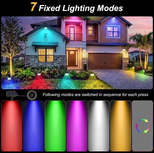 Alt view image 3 of 7 - 6 Pack Multicolor Solar Spot Lights 15 LED RGB Landscape Spotlights with 4 Modes, Auto On/Off & IP67 Waterproof for Garden & Walkway