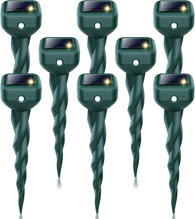 Main image of 8 Pack Solar Powered Mole Repellent IP65 Waterproof Ultrasonic Deterrent Stakes for Yard & Lawn, Repels Snakes, Skunks, Rabbits, Gophers, Voles, Chipmunks, Deer & Groundhogs