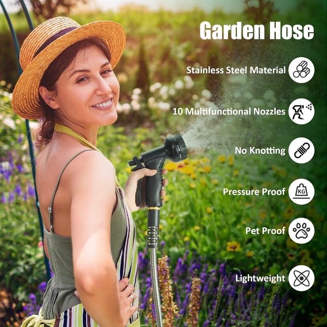 Alt view image 2 of 7 - 100 Ft Heavy Duty Metal Garden Hose with 10-Function Nozzle Flexible No-Kink, Pet-Proof & Puncture-Proof Stainless Steel Outdoor Water Hose