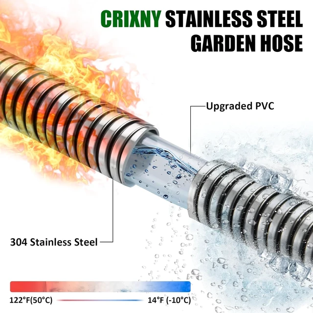 Alt view image 4 of 7 - 100 Ft Heavy Duty Metal Garden Hose with 10-Function Nozzle Flexible No-Kink, Pet-Proof & Puncture-Proof Stainless Steel Outdoor Water Hose
