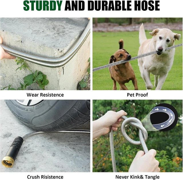Alt view image 5 of 7 - 100 Ft Heavy Duty Metal Garden Hose with 10-Function Nozzle Flexible No-Kink, Pet-Proof & Puncture-Proof Stainless Steel Outdoor Water Hose