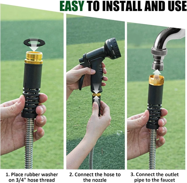 Alt view image 7 of 7 - 100 Ft Heavy Duty Metal Garden Hose with 10-Function Nozzle Flexible No-Kink, Pet-Proof & Puncture-Proof Stainless Steel Outdoor Water Hose