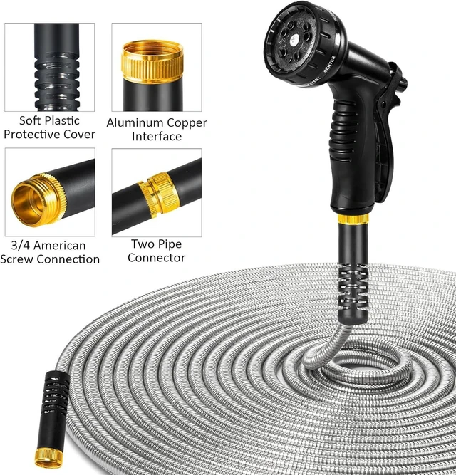 Alt view image 6 of 7 - 100 Ft Heavy Duty Metal Garden Hose with 10-Function Nozzle Flexible No-Kink, Pet-Proof & Puncture-Proof Stainless Steel Outdoor Water Hose