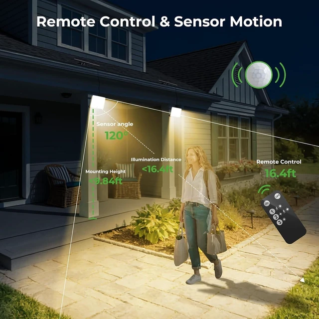 Alt view image 5 of 7 - 3 Modes Solar Flood Lights with Remote Control IP65 Waterproof Motion Security Lights, 16 Ft Cable, Dusk to Dawn for Yard, Garage & Garden