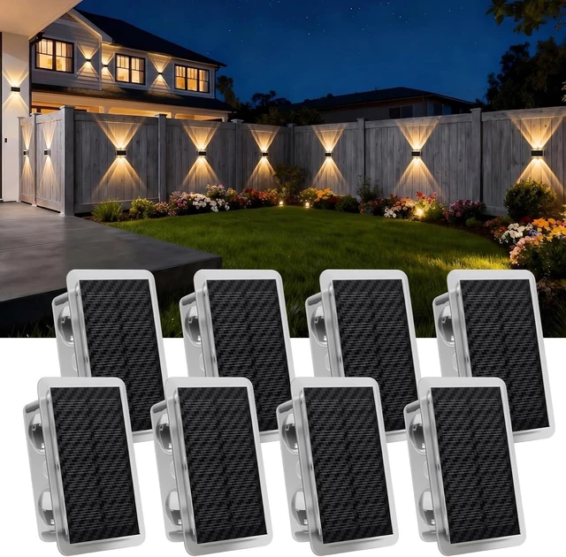 Main image of 8 Pack Solar Fence Lights Up & Down Glow Wall Lights with 3 Color Temp Modes 3000K/4000K/6000K, IP65 Waterproof LED for Patio, Pool, Step, Porch & Yard
