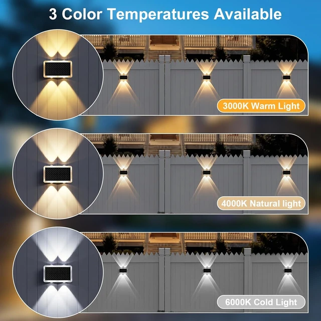 Alt view image 2 of 7 - 8 Pack Solar Fence Lights Up & Down Glow Wall Lights with 3 Color Temp Modes 3000K/4000K/6000K, IP65 Waterproof LED for Patio, Pool, Step, Porch & Yard