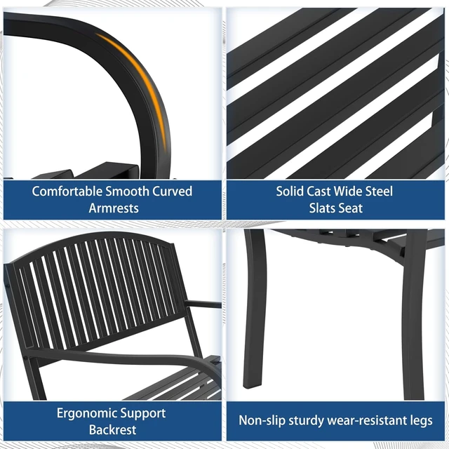 Alt view image 4 of 7 - Heavy Duty Wrought Iron Garden Bench Weatherproof Anti-Rust Outdoor Bench for Front Porch, Patio & Park