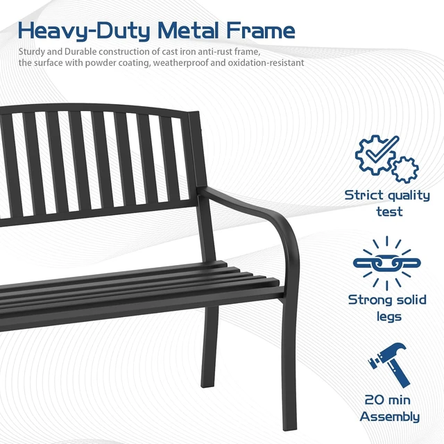 Alt view image 5 of 7 - Heavy Duty Wrought Iron Garden Bench Weatherproof Anti-Rust Outdoor Bench for Front Porch, Patio & Park