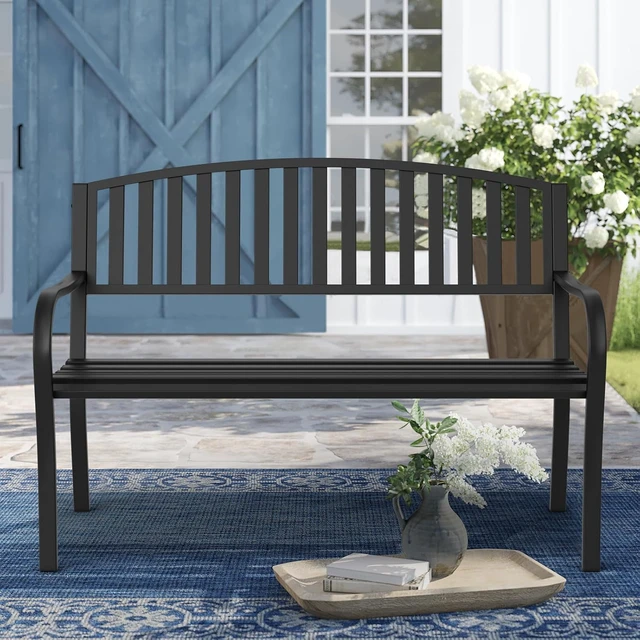 Alt view image 7 of 7 - Heavy Duty Wrought Iron Garden Bench Weatherproof Anti-Rust Outdoor Bench for Front Porch, Patio & Park