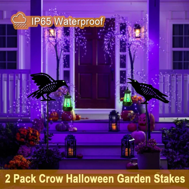 Alt view image 3 of 7 - 2 Pack Metal Crow Solar Garden Stakes Halloween Outdoor Decorations