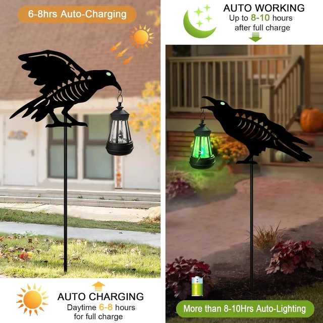 Alt view image 4 of 7 - 2 Pack Metal Crow Solar Garden Stakes Halloween Outdoor Decorations