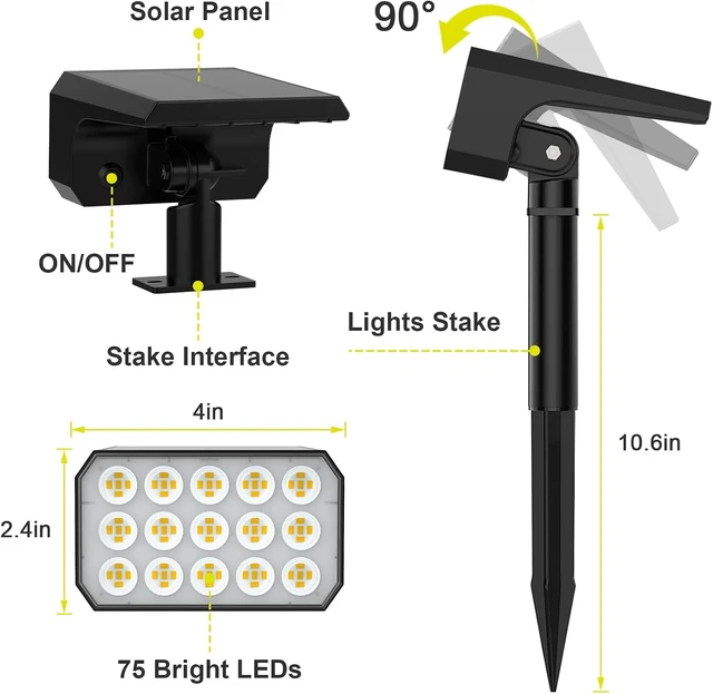 Alt view image 7 of 7 - 8 Pack IP67 Waterproof Solar Spot Lights with 75 LEDs & 4 Modes Outdoor Landscape Lights for Yard, Pathway, House & Driveway (Warm White)