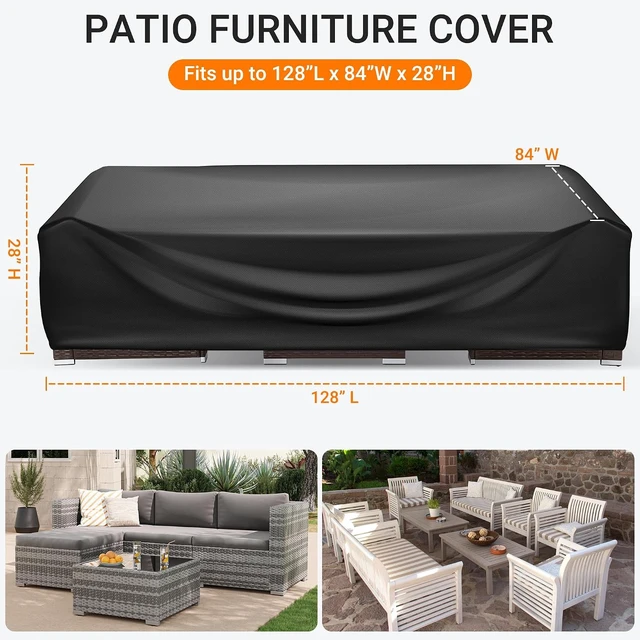 Alt view image 2 of 7 - Heavy Duty Waterproof Patio Furniture Cover Rectangle Outdoor Table & Sectional Set Cover, 128"L x 84"W x 28"H, Black