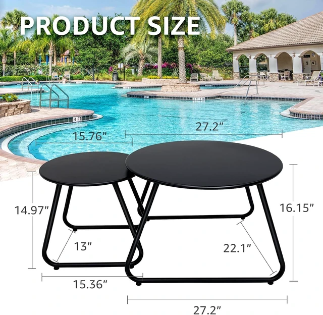 Alt view image 2 of 5 - Set of 2 Weather Resistant Steel Round Coffee Tables Outdoor Nesting End Tables for Patio, Balcony, Bistro & Indoor, Black (Black)