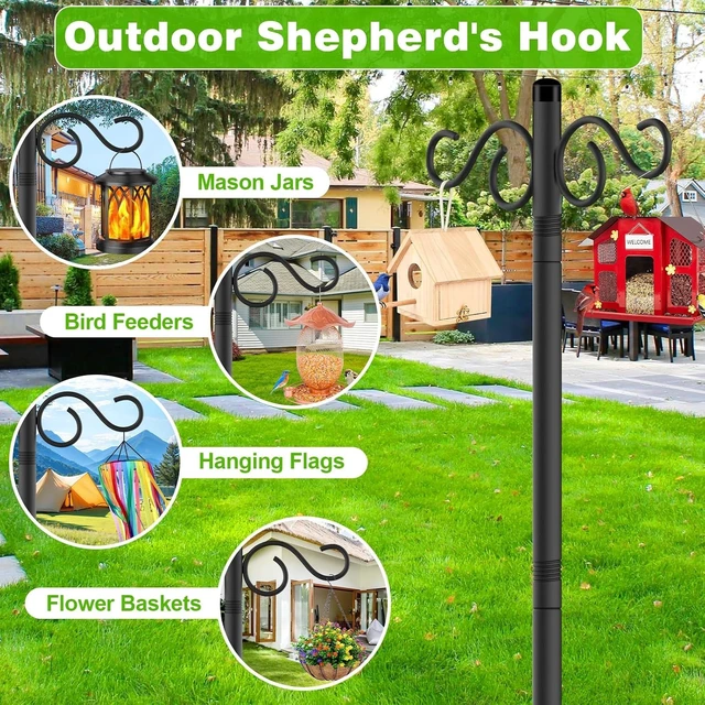 Alt view image 3 of 7 - 2 Pack 110 Inch Double Shepherds Hooks with 5 Prong Base Heavy Duty Outdoor Pole for Bird Feeders, Flower Baskets, Lanterns & Bird Nests (110 inch)