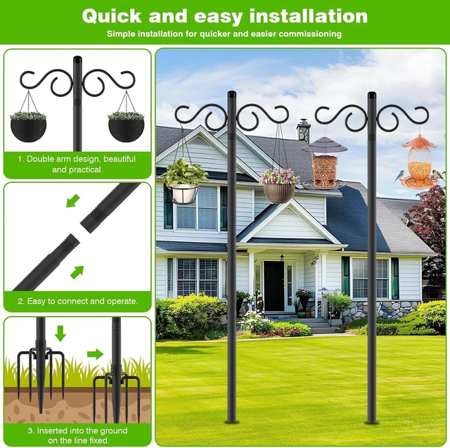 Alt view image 4 of 7 - 2 Pack 110 Inch Double Shepherds Hooks with 5 Prong Base Heavy Duty Outdoor Pole for Bird Feeders, Flower Baskets, Lanterns & Bird Nests (110 inch)