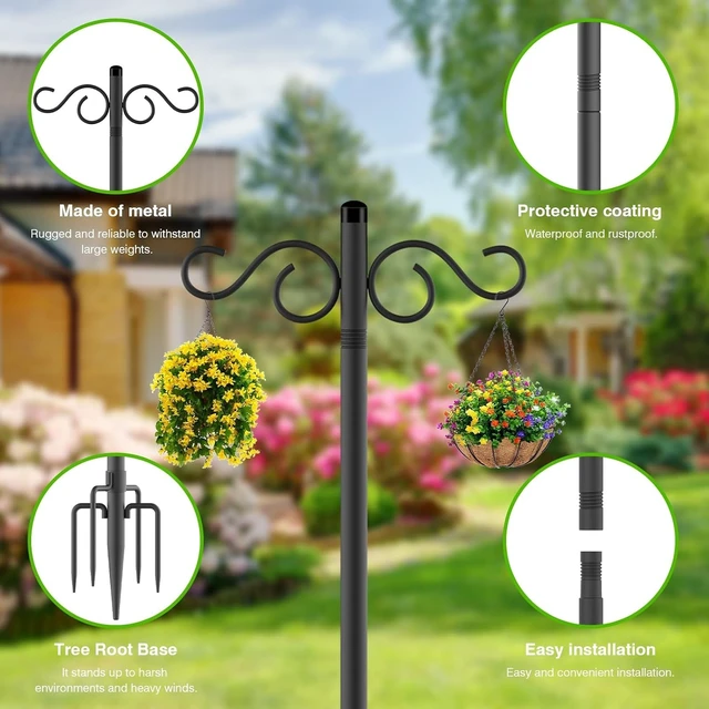Alt view image 7 of 7 - 2 Pack 110 Inch Double Shepherds Hooks with 5 Prong Base Heavy Duty Outdoor Pole for Bird Feeders, Flower Baskets, Lanterns & Bird Nests (110 inch)