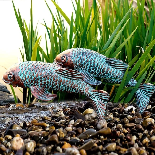 Main image of Set of 2 Antique Koi Fish Statues Outdoor Garden Sculpture for Patio, Backyard, Pond & Home Decor