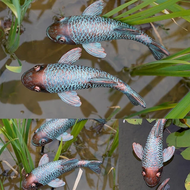 Alt view image 7 of 7 - Set of 2 Antique Koi Fish Statues Outdoor Garden Sculpture for Patio, Backyard, Pond & Home Decor
