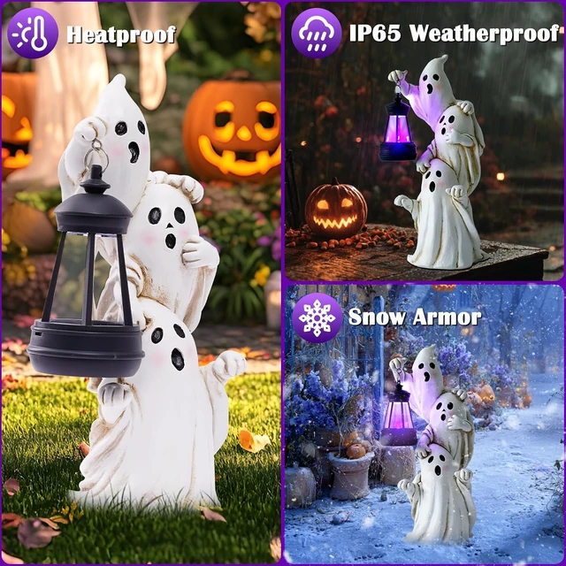 Alt view image 5 of 7 - Triple Ghost Halloween Decorations with Solar Lantern Cute Spooky Outdoor Ghost Figurines for Yards, Porches, Gardens, Lawn & Party