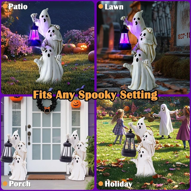 Alt view image 7 of 7 - Triple Ghost Halloween Decorations with Solar Lantern Cute Spooky Outdoor Ghost Figurines for Yards, Porches, Gardens, Lawn & Party