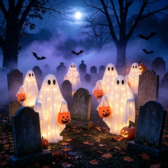Alt view image 2 of 7 - 2 Pack Solar Ghost Halloween Lights Hanging Stake Yard Decor