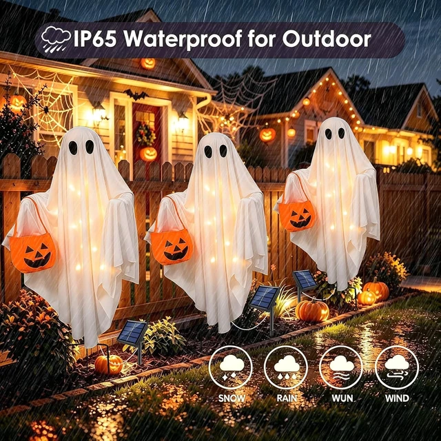 Alt view image 3 of 7 - 2 Pack Solar Ghost Halloween Lights Hanging Stake Yard Decor