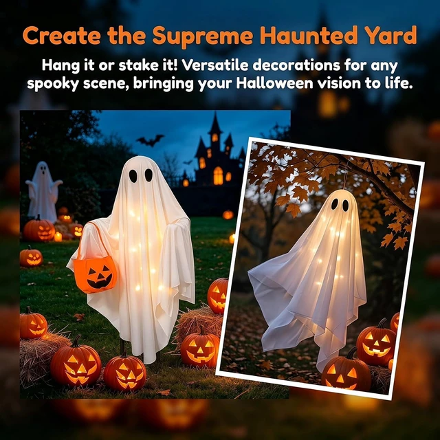 Alt view image 5 of 7 - 2 Pack Solar Ghost Halloween Lights Hanging Stake Yard Decor