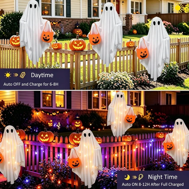 Alt view image 6 of 7 - 2 Pack Solar Ghost Halloween Lights Hanging Stake Yard Decor