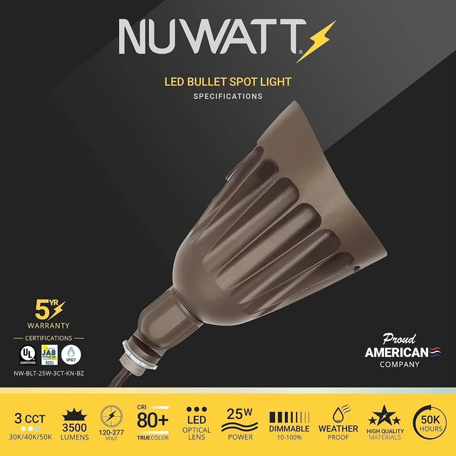 Alt view image 2 of 7 - Bronze 25W LED Bullet Spot Light for Outdoor Landscapes, CCT 30K-50K