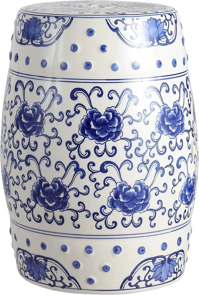 Main image of 17.75" Blue/White Lotus Flower Chinoiserie Ceramic Drum Stool