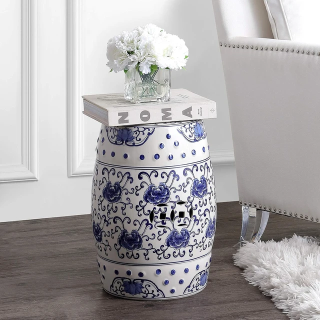 Alt view image 2 of 7 - 17.75" Blue/White Lotus Flower Chinoiserie Ceramic Drum Stool