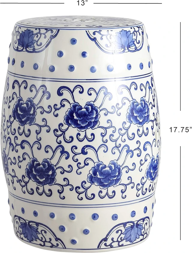 Alt view image 3 of 7 - 17.75" Blue/White Lotus Flower Chinoiserie Ceramic Drum Stool