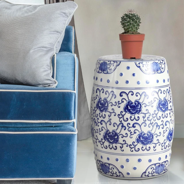 Alt view image 4 of 7 - 17.75" Blue/White Lotus Flower Chinoiserie Ceramic Drum Stool