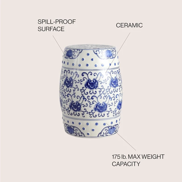 Alt view image 5 of 7 - 17.75" Blue/White Lotus Flower Chinoiserie Ceramic Drum Stool