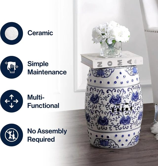 Alt view image 6 of 7 - 17.75" Blue/White Lotus Flower Chinoiserie Ceramic Drum Stool