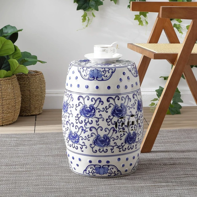 Alt view image 7 of 7 - 17.75" Blue/White Lotus Flower Chinoiserie Ceramic Drum Stool