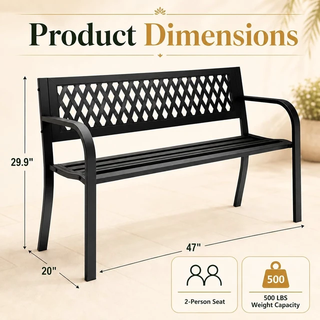 Alt view image 2 of 7 - 2 Pack 47" Heavy Duty Metal Garden Bench Outdoor, Black