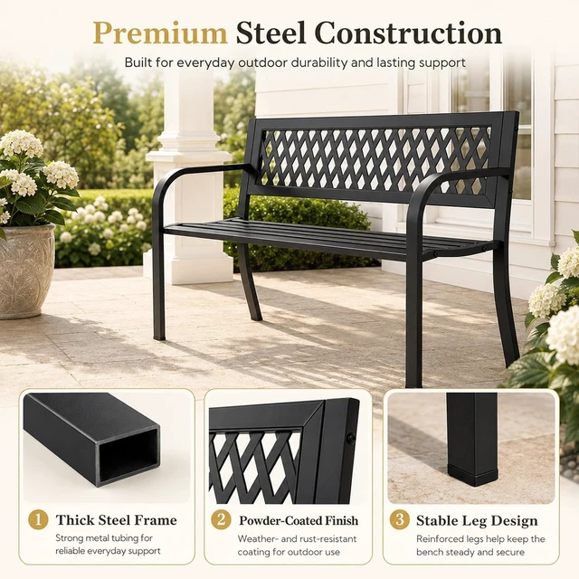 Alt view image 7 of 7 - 2 Pack 47" Heavy Duty Metal Garden Bench Outdoor, Black