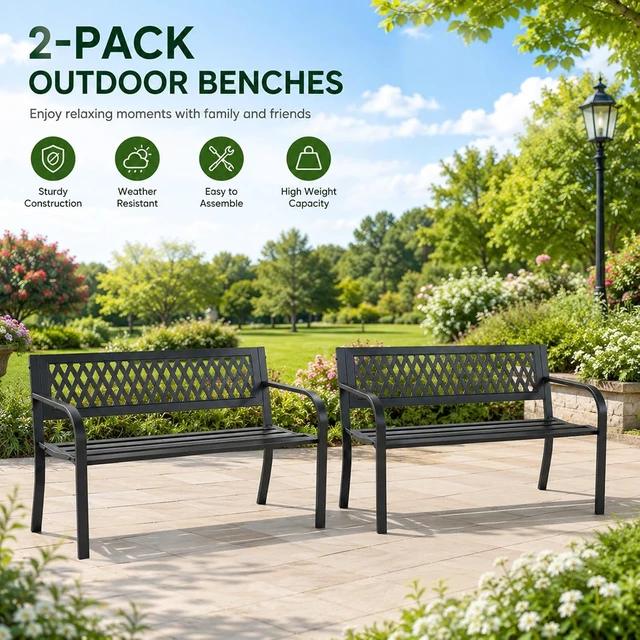 Alt view image 5 of 7 - 2 Pack 47" Heavy Duty Metal Garden Bench Outdoor, Black