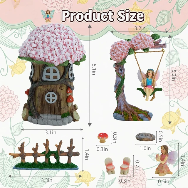 Alt view image 2 of 7 - 8 Pcs Miniature Fairy Garden Furniture Set Resin Figurines with Swing Set, Whimsical Theme for Outdoor Patio, Yard, Lawn or Desk