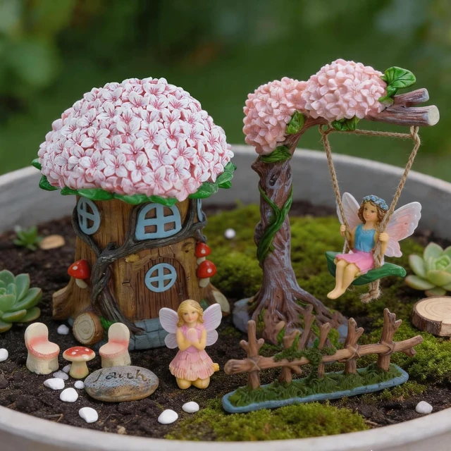 Alt view image 5 of 7 - 8 Pcs Miniature Fairy Garden Furniture Set Resin Figurines with Swing Set, Whimsical Theme for Outdoor Patio, Yard, Lawn or Desk