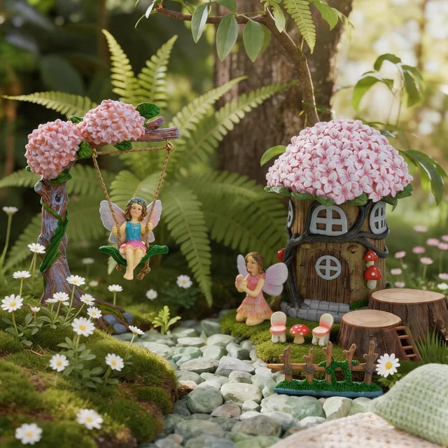 Alt view image 6 of 7 - 8 Pcs Miniature Fairy Garden Furniture Set Resin Figurines with Swing Set, Whimsical Theme for Outdoor Patio, Yard, Lawn or Desk